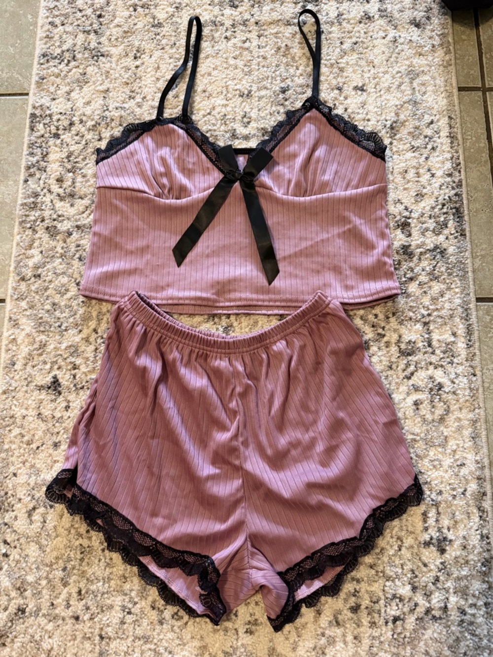 Ribbed Lace-Trim Cami & Short Pajama Set in Dusty Mauve runs like a small